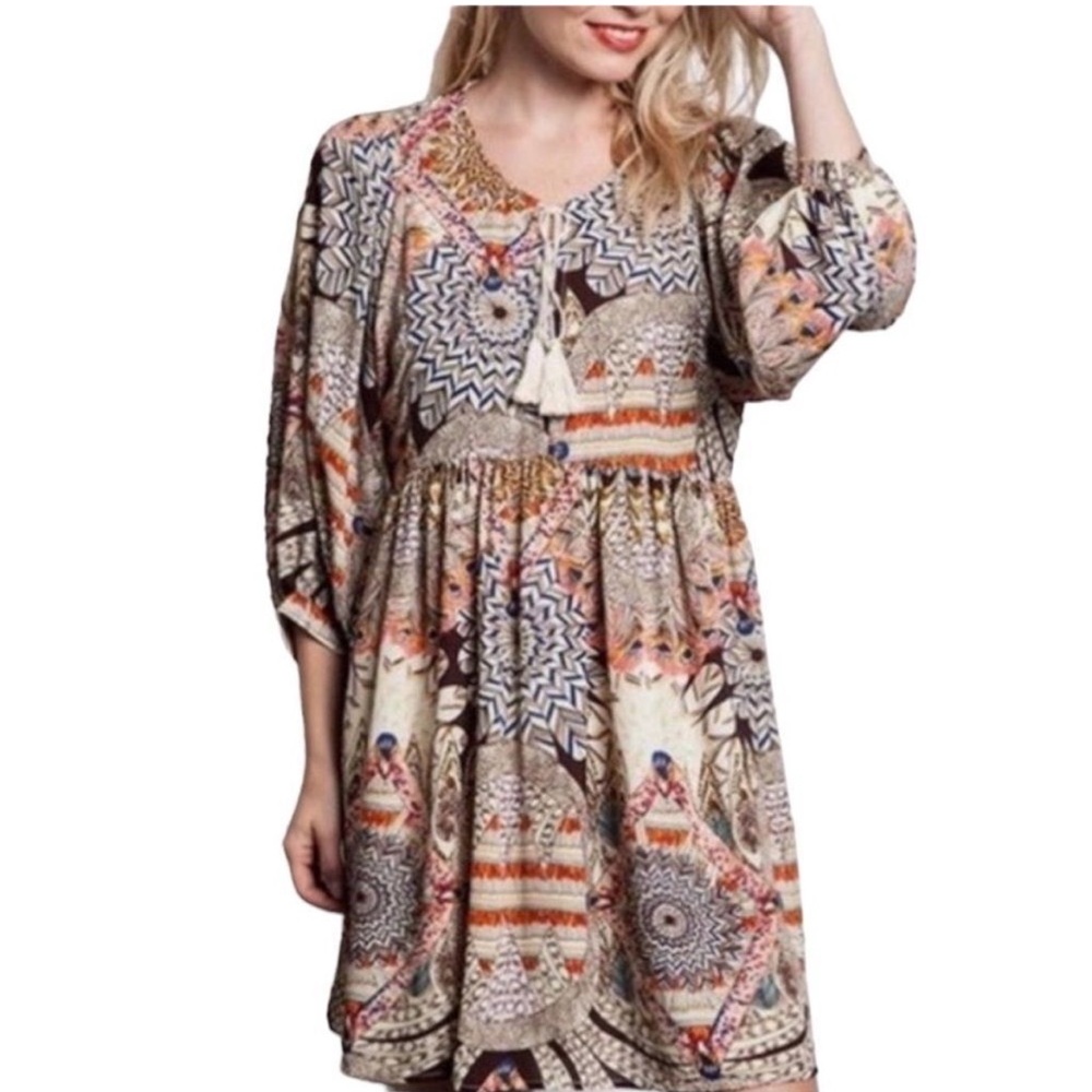Umgee Feather print bohemian babydoll  tunic dress women’s medium